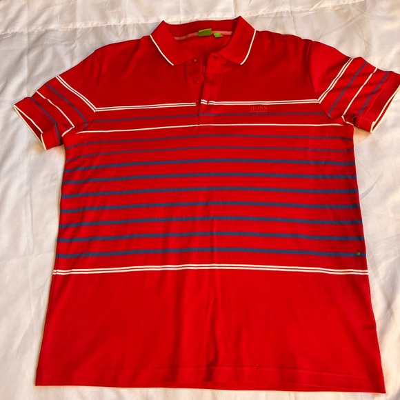 Boss Other - Boss Red Polo Shirt with Blue and White Stripes
